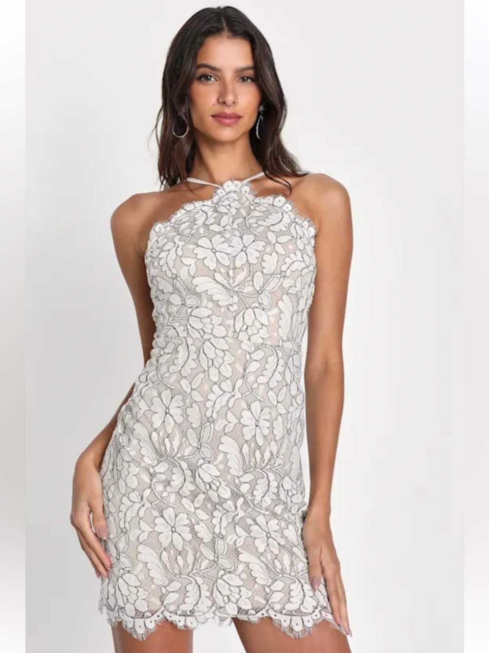 Lulus Delicate Darling Beige and Ivory White Lace Bodycon Halter Mini Dress